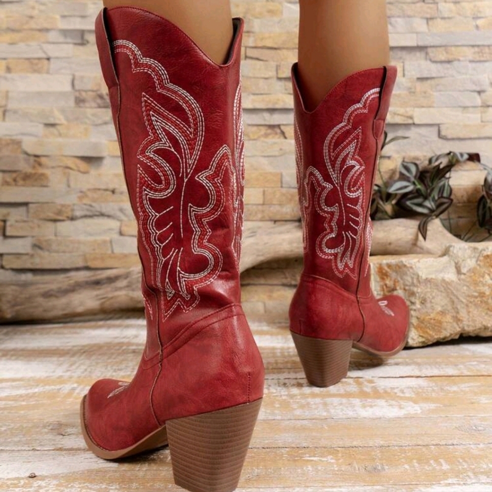 Women's Western Style Embroidered Mid-Calf Boots With Pointed Toe, Chunky Heel - Picture 4 of 5